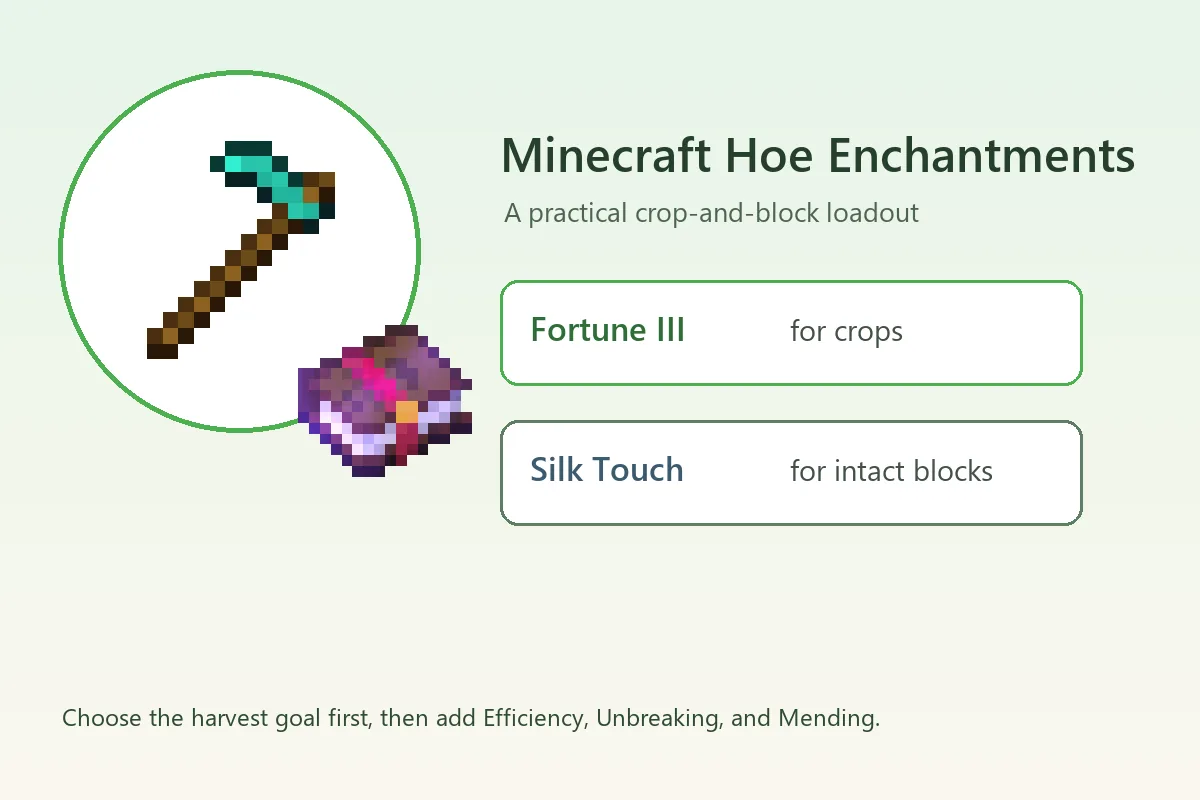 Editorial diagram of a Minecraft hoe, enchanted book, Fortune III, and Silk Touch