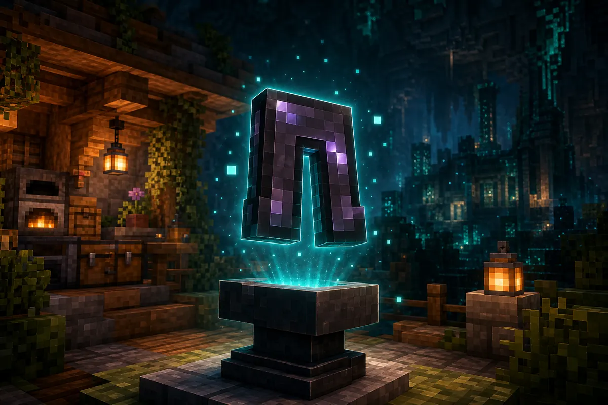 Editorial illustration of enchanted Minecraft netherite leggings above an anvil in a survival base