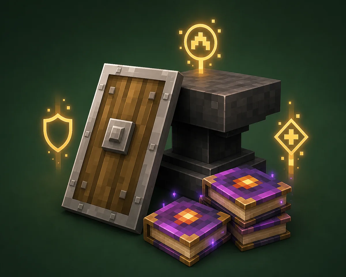 Editorial illustration of a Minecraft shield beside an anvil and enchanted books