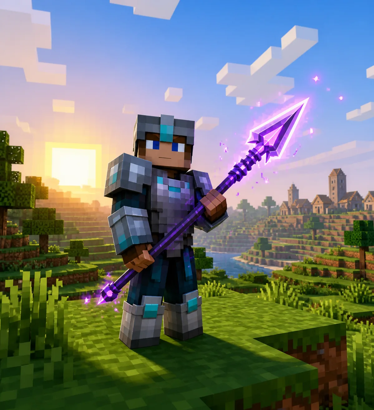 Non-official editorial illustration of an enchanted Minecraft-style spear held by an armored player