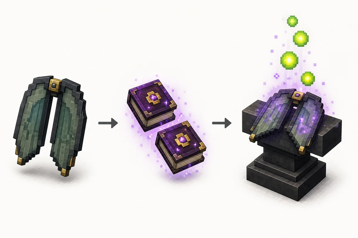Editorial step flow showing Elytra, paired enchanted books, and anvil application