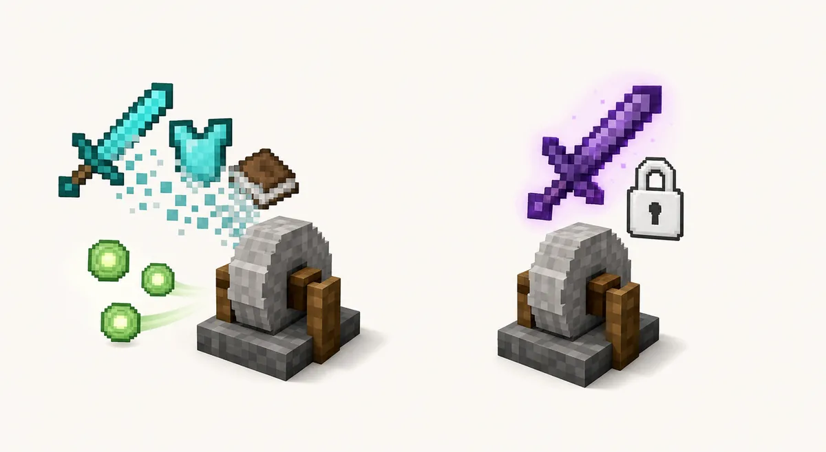 Illustrative comparison showing ordinary enchantment symbols leaving an item while a locked cursed item remains unchanged beside a grindstone