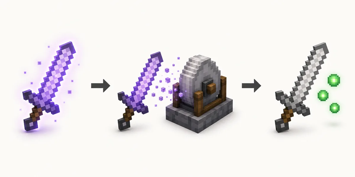 Illustrative three-stage flow from an enchanted sword to a grindstone and then a plain sword with experience orbs