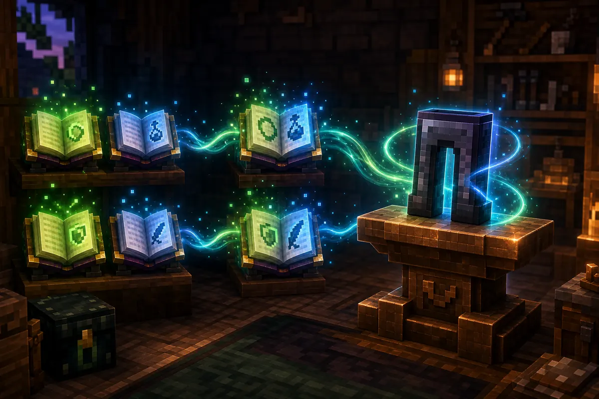 Editorial flow showing enchanted books combined into balanced groups before being applied to Minecraft leggings on an anvil
