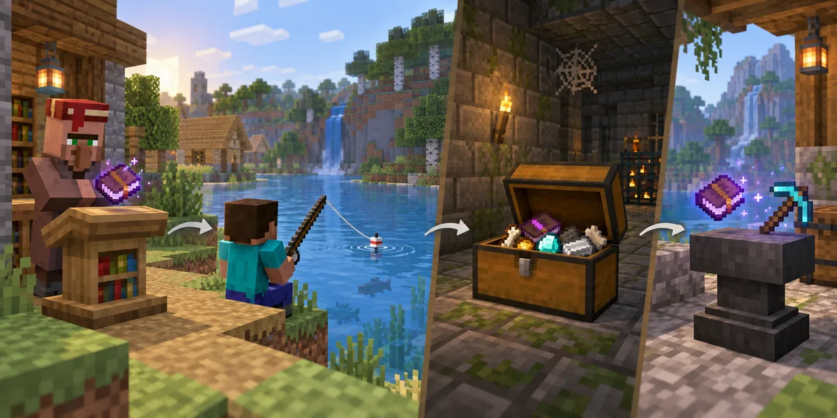 Editorial four-scene illustration of trading, fishing, chest loot, and anvil application
