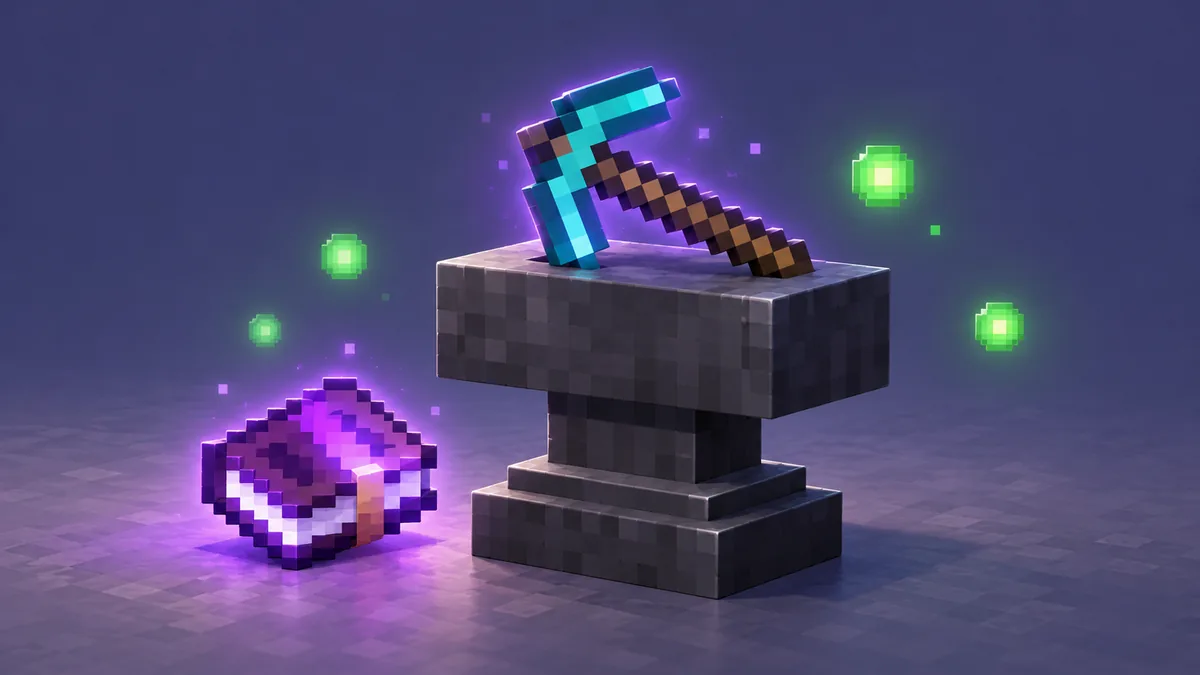 Editorial illustration of a Mending book beside an enchanted pickaxe and anvil