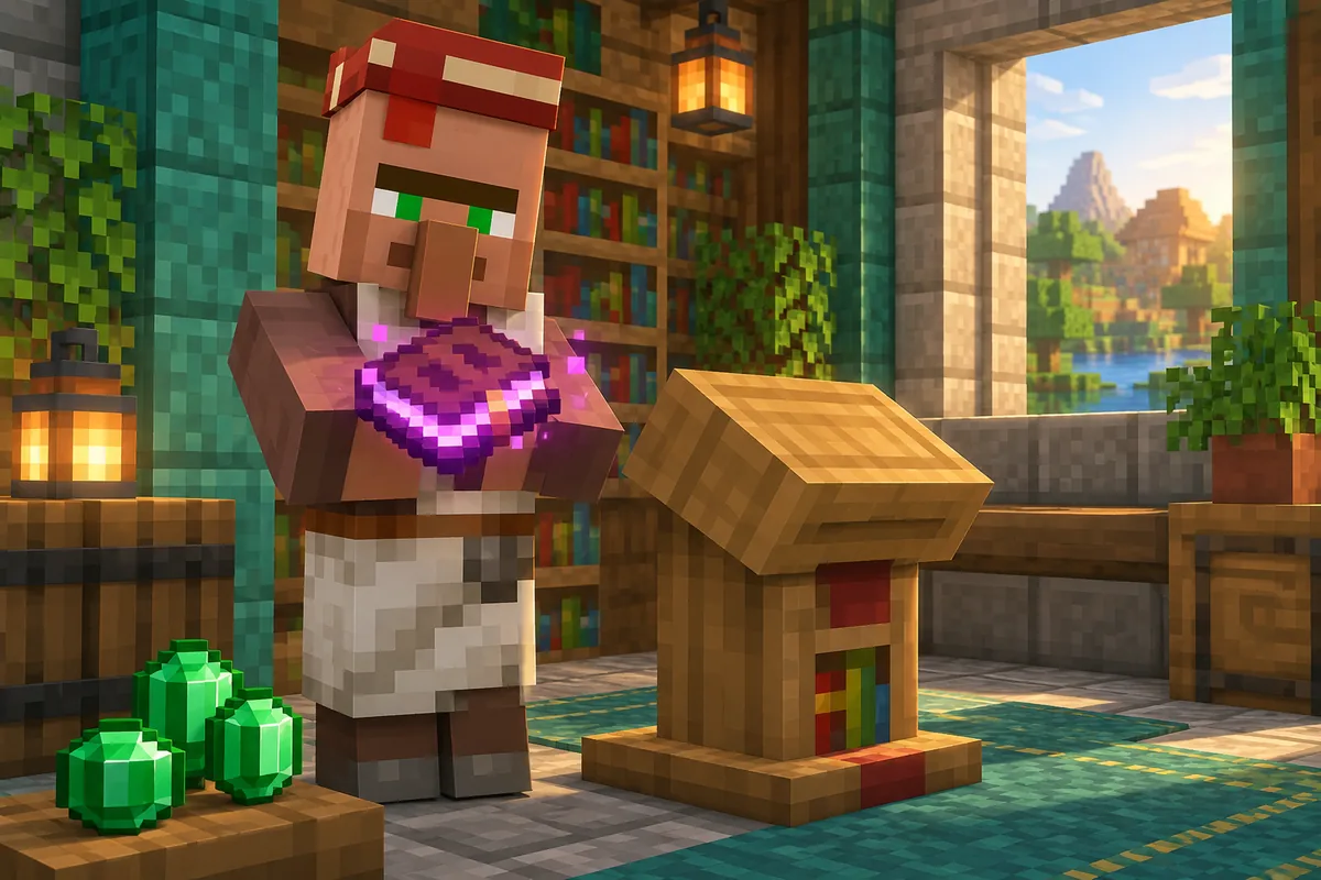 Editorial illustration of a librarian villager offering a glowing Mending book