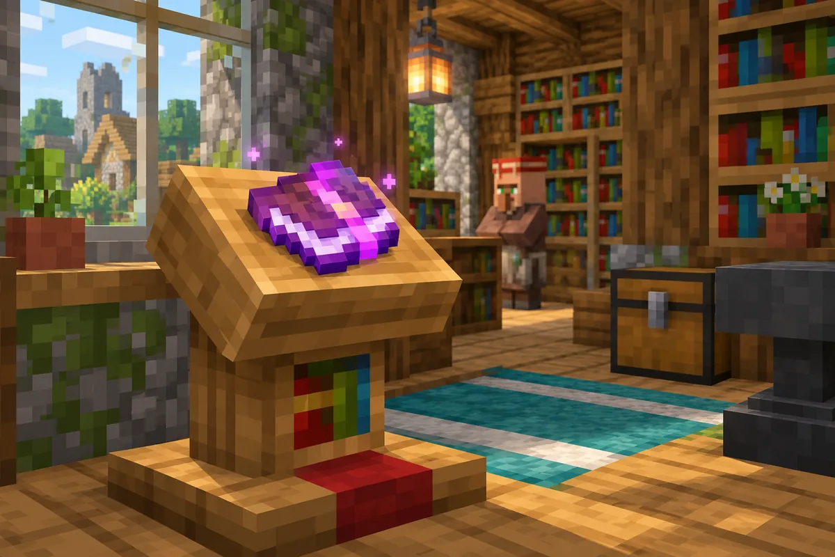 Concept illustration of an enchanted book on a lectern in a Minecraft-style village library