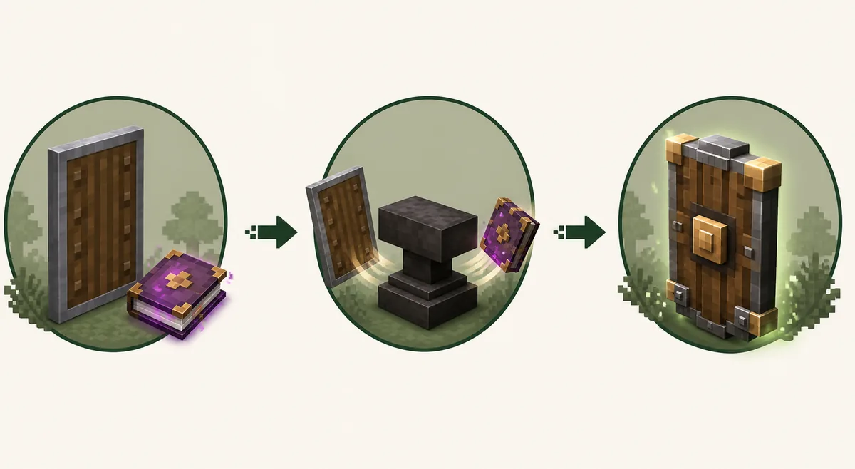 Editorial flow illustration showing a shield and enchanted book meeting at an anvil