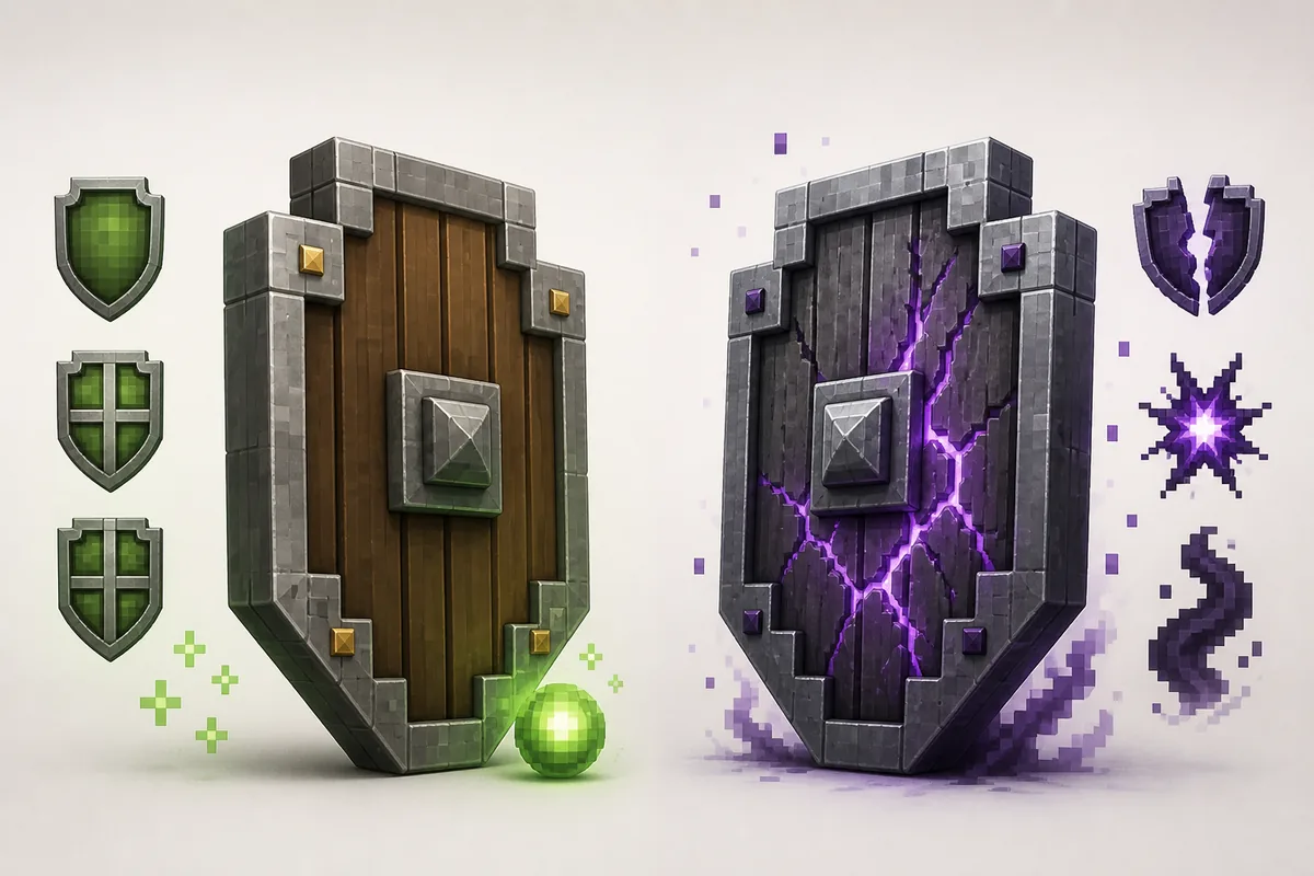 Editorial comparison illustration of a durable shield and a cursed shield