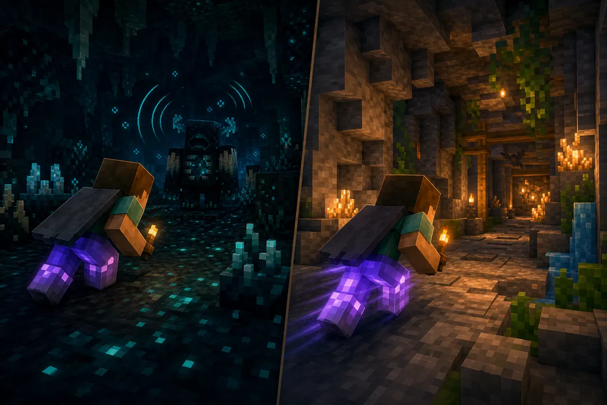 Editorial comparison of a crouching player moving through a sculk cavern and a lit underground corridor while wearing enchanted leggings